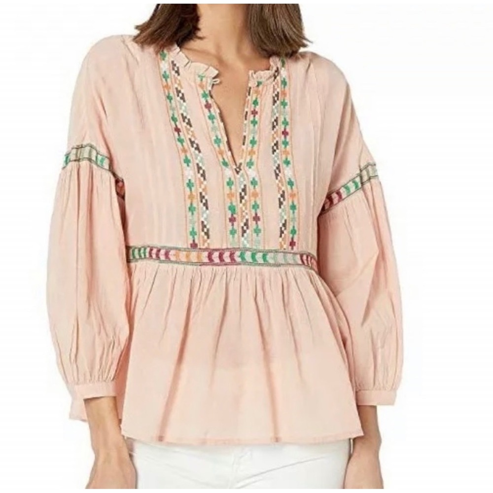 Lucky Brand Pink Embroidered Peasant Blouse Boho Chic Pintuck Peplum Top Medium